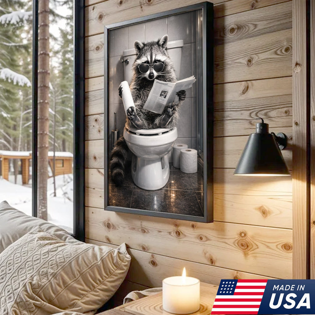 Raccoon Bathroom Humor Canvas – Funny Toilet Reading Wall Art for Restroom Decor