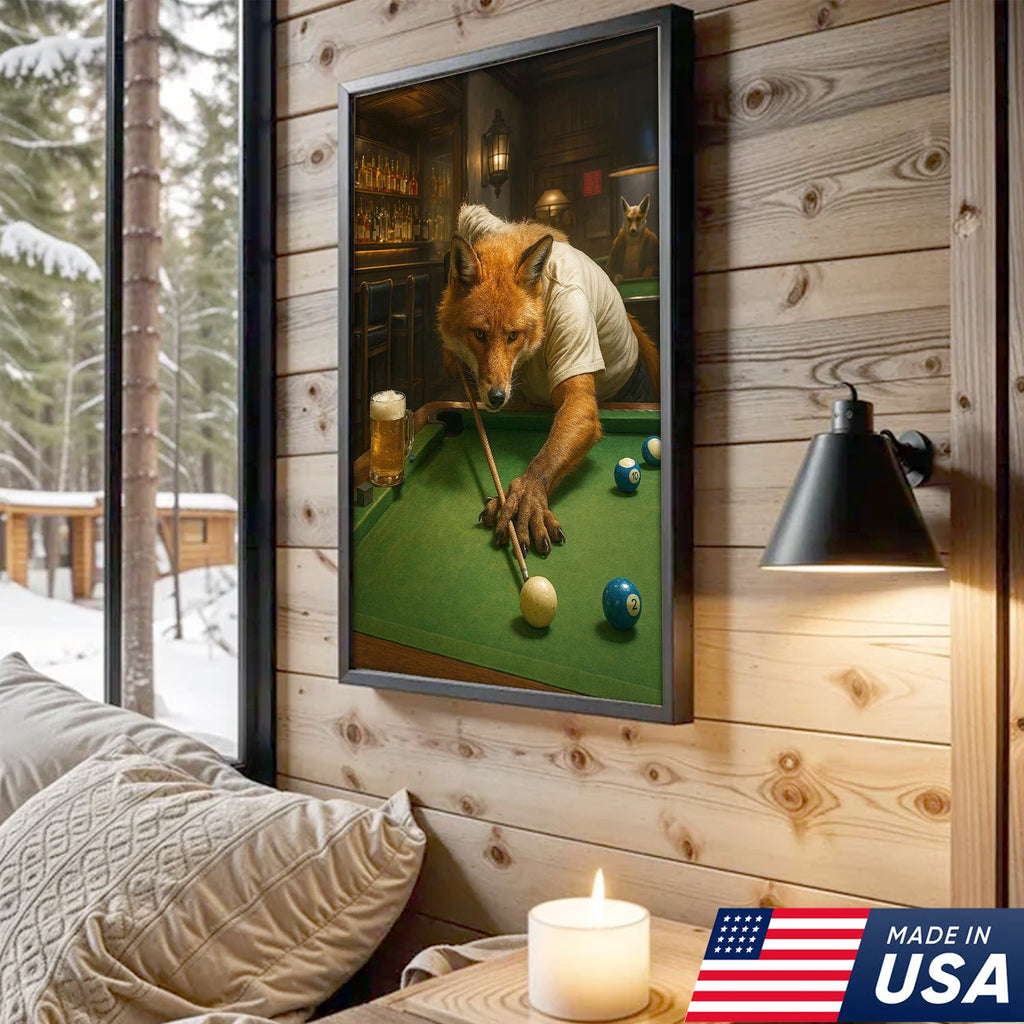 Fox Playing Pool Canvas Wall Art, Funny Billiards Room Decor, Game Room & Pool Hall Gift