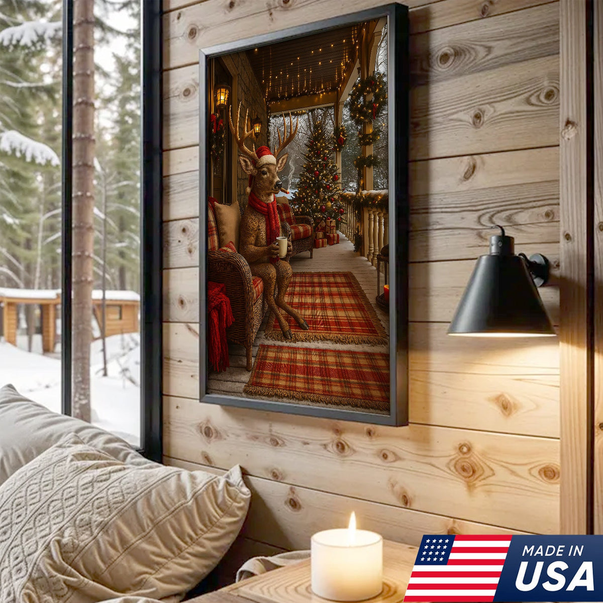 Christmas Deer Porch Canvas Wall Art, Cozy Cabin Reindeer With Scarf Holiday Print