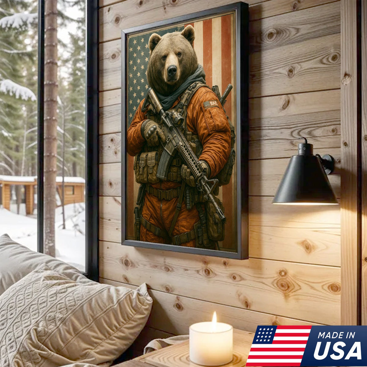 Patriotic Bear Soldier Wall Art Canvas, Tactical Military Animal with American Flag
