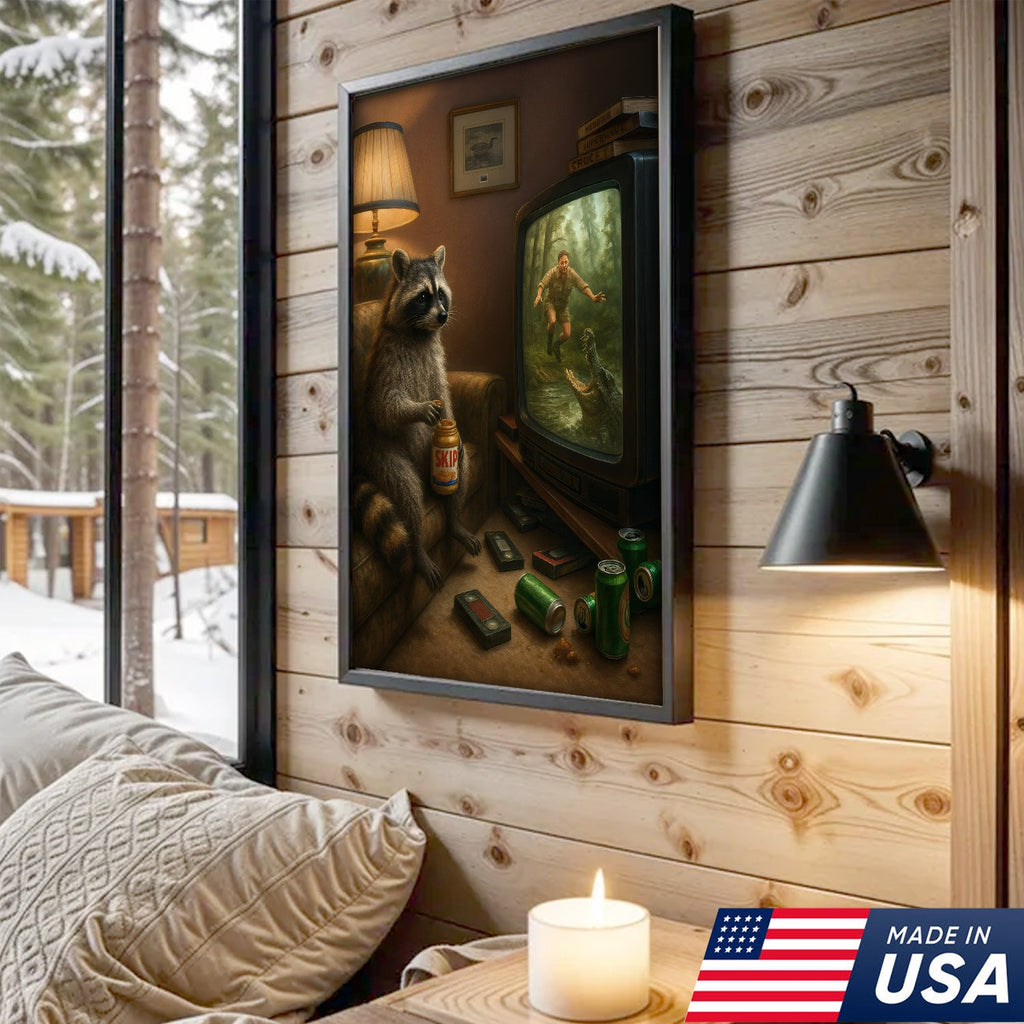 Funny Raccoon Watching TV Wall Art – Lazy Animal Painting, Wildlife Humor Canvas
