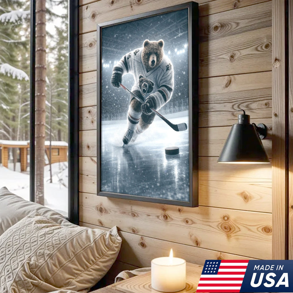 Epic Bear Ice Hockey Canvas Wall Art – Realistic Animal Athlete Print