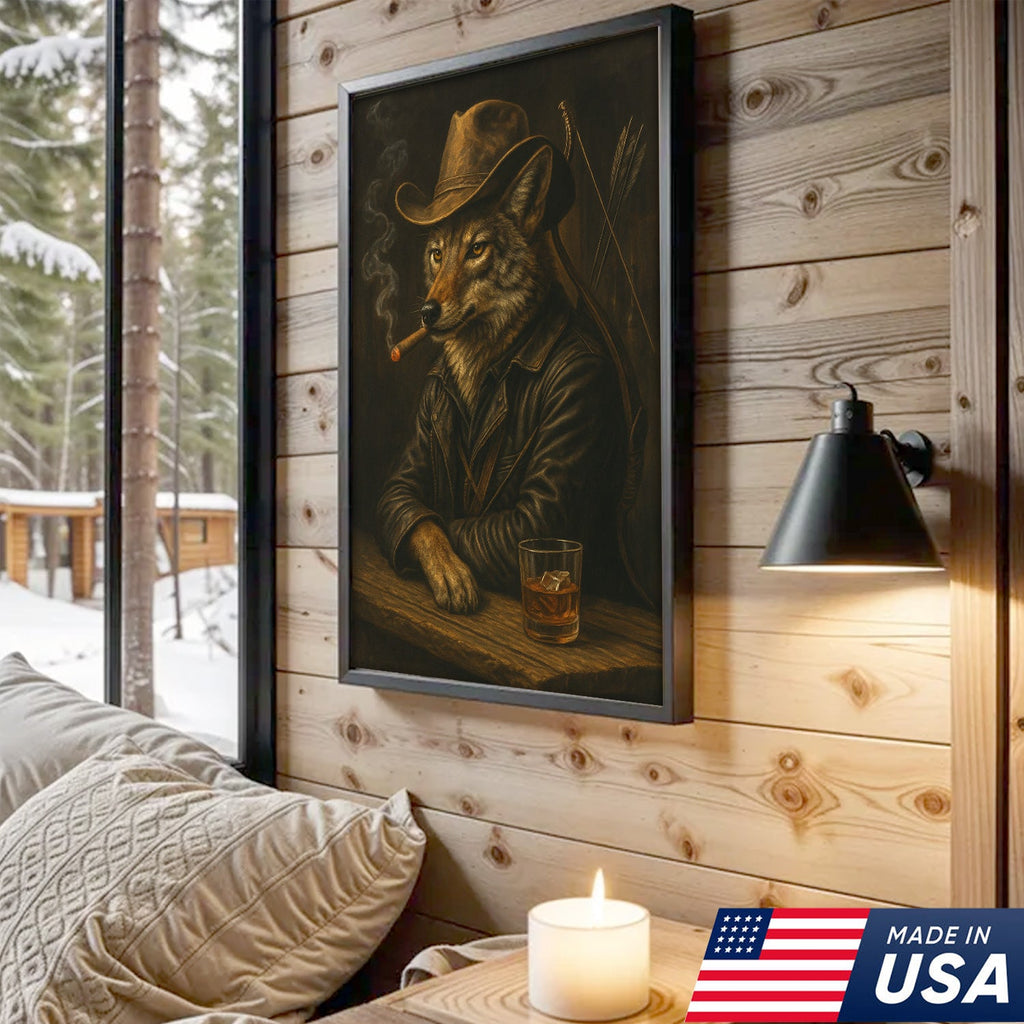Coyote Cowboy Bar & Whiskey Canvas – Great Hunting Gift for Hunters & Rustic Western Decor