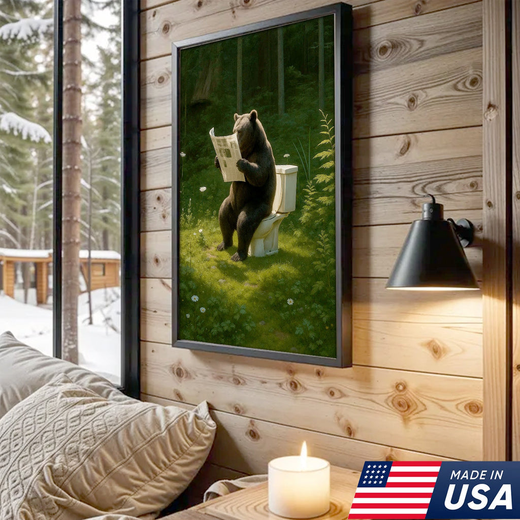 Bear on Toilet Reading Newspaper Canvas Wall Art, Funny Bathroom Decor for Cabin & Lodge