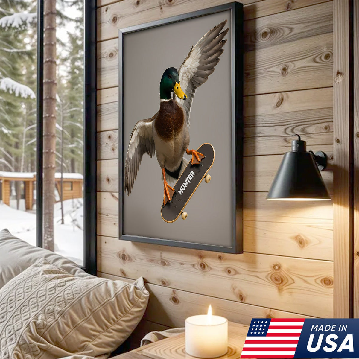 Funny Skater Duck Canvas, Cool Mallard Wall Art, Humorous Bird Lover Decor for Man Cave