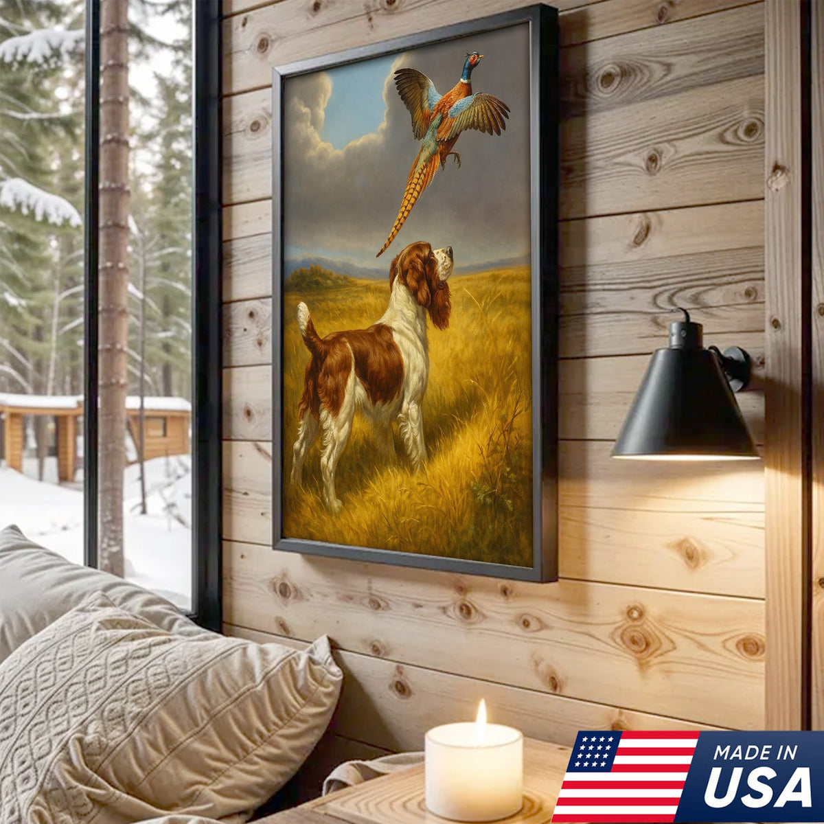 Hunting Dog and Pheasant Canvas Wall Art – Rustic Wildlife Scene – Lodge and Cabin Decor