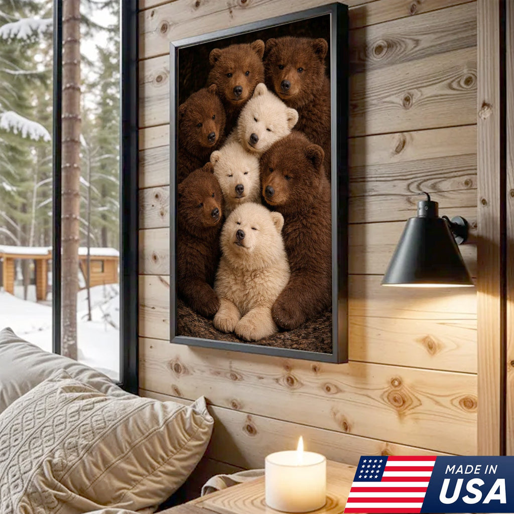 Cute Bear Cubs Canvas Wall Art, Brown and White Bear Family Portrait