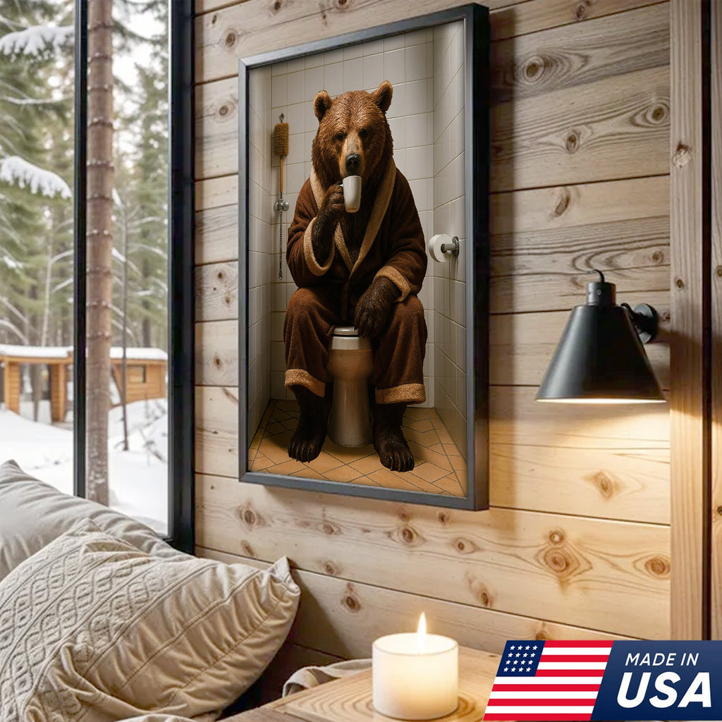 Hilarious Bear Toilet Canvas Wall Art – Morning Coffee, Quirky Bathroom Humor