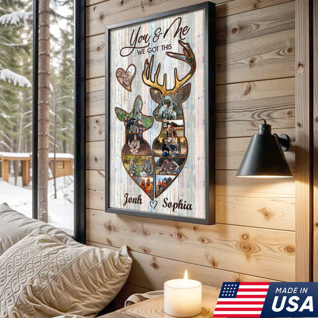 Personalized Deer Couple Hunting Photo Collage Wall Art Canvas - Custom Hunter Gift for Couples