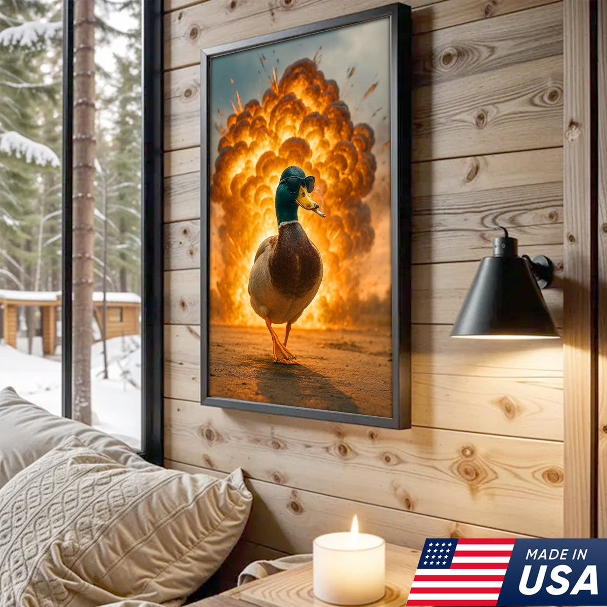 Cool Duck Walking from Explosion Canvas Wall Art, Funny Action Movie Style Decor for Man Cave