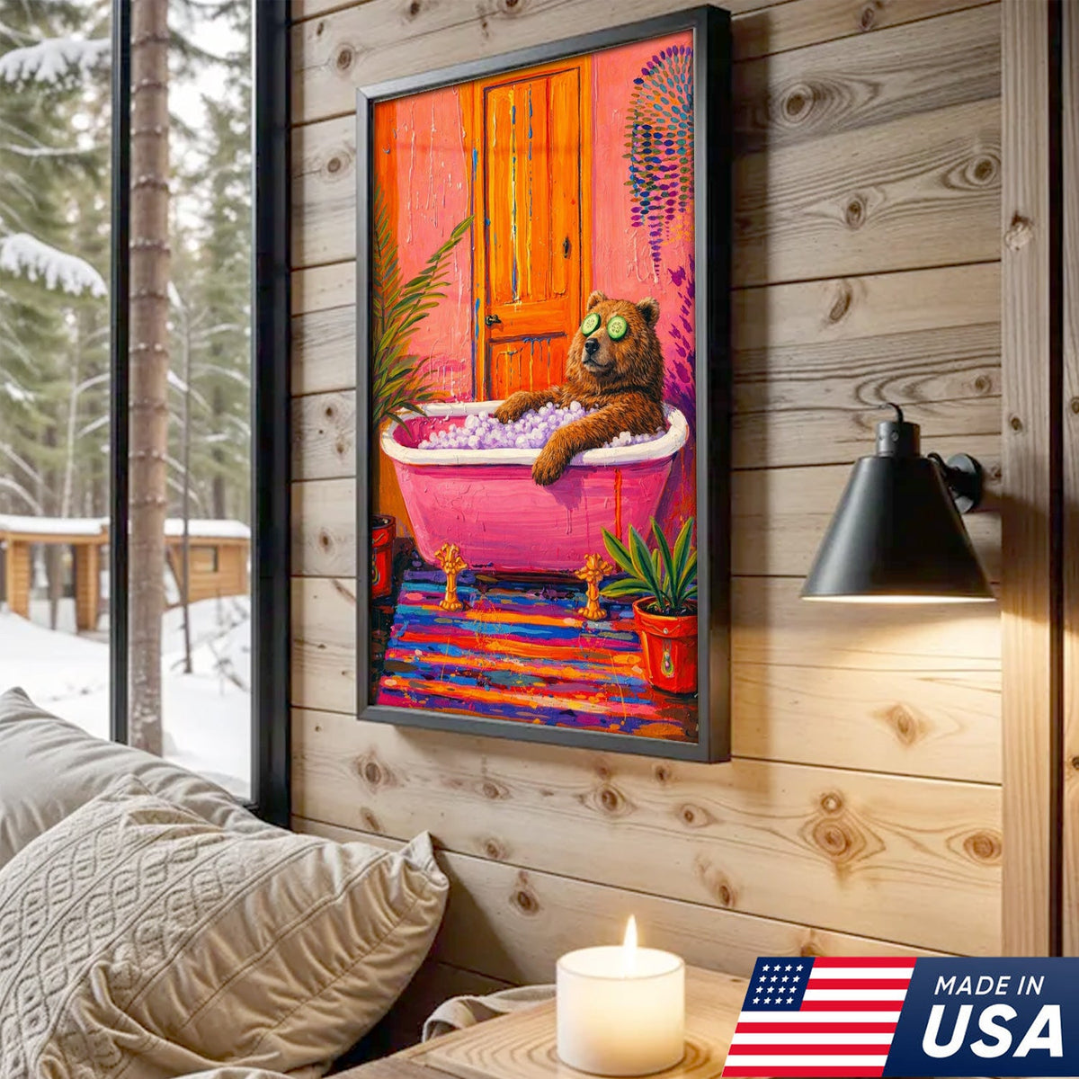 Funny Bear Bath Canvas Wall Art – Colorful Animal Bathroom Decor