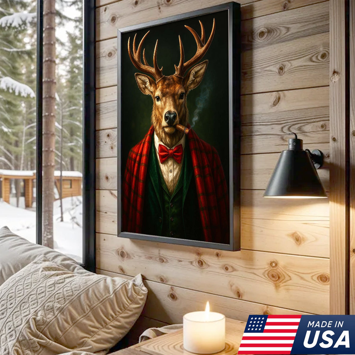 Smoking Deer Wall Art, Gentleman Buck Portrait, Rustic Cabin Decor, Funny Cigar Deer Print