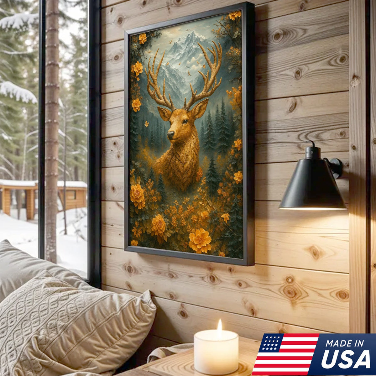 Floral Mountain Stag Canvas Wall Art, Woodland Deer with Antlers, Rustic Cabin Nature Decor