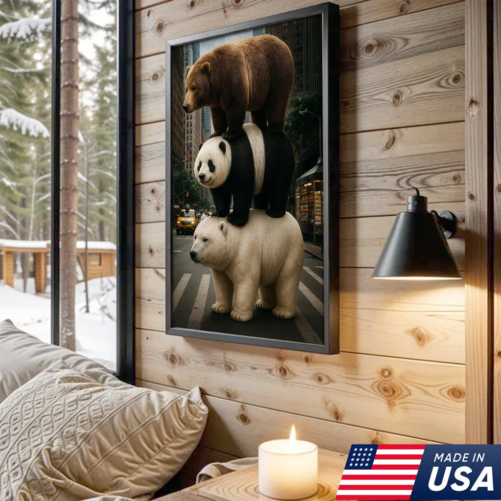 Bear Stack Canvas Wall Art, Cute Polar Panda Brown Bear in City Street Print