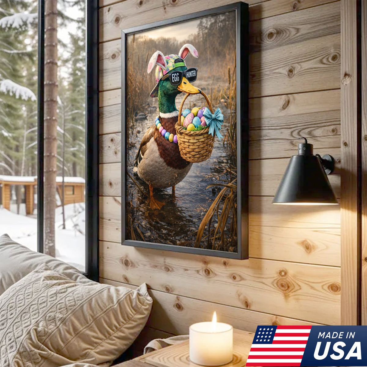 Funny Easter Duck Canvas Wall Art, Egg Hunter Mallard with Basket Portrait