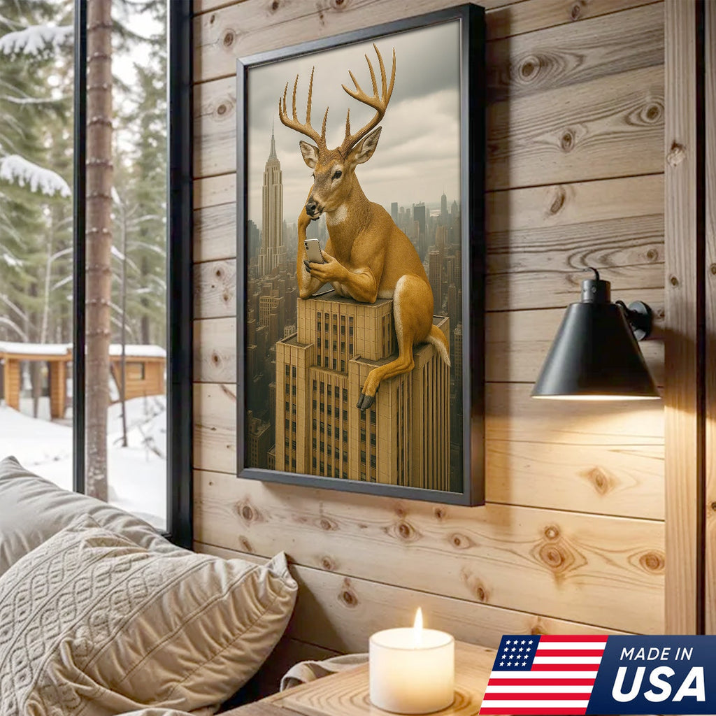 Funny Deer City Canvas Wall Art — Whitetail Buck on Skyscraper Using Phone, Surreal Urban Wildlife Artwork