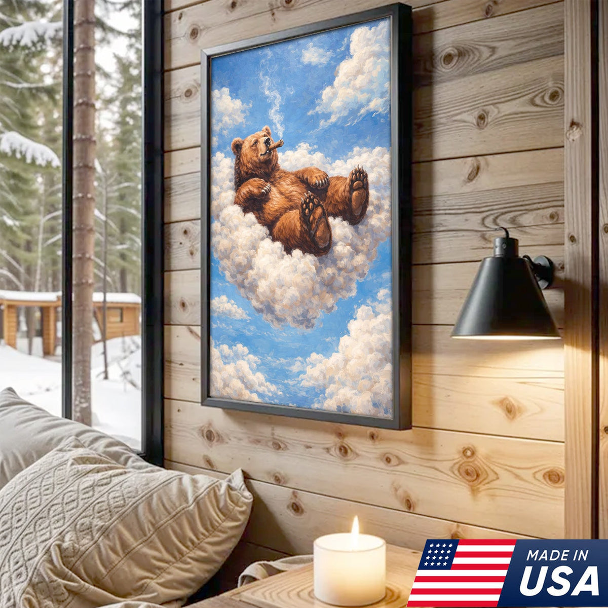 Relaxed Bear on Cloud Canvas Wall Art, Whimsical Animal Fantasy Illustration