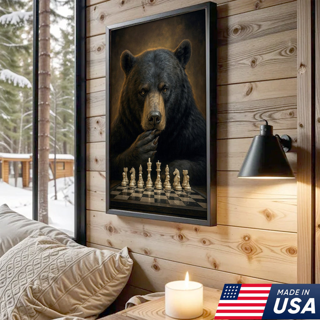 Chess Master Bear Wall Art Canvas – Strategic Bear Canvas Print for Man Cave & Smart Decor