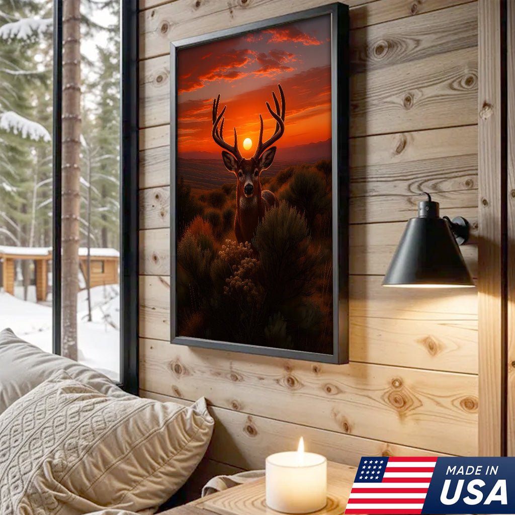 Deer Sunset Canvas Wall Art, Majestic Buck Silhouette in Orange Sky