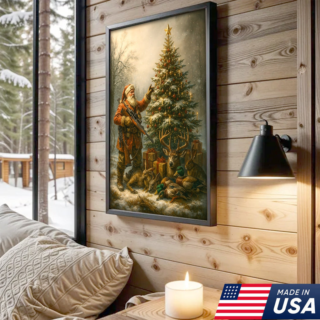 Santa Hunter Christmas Wall Art – Rustic Holiday Canvas for Cabin, Farmhouse & Hunter Decor