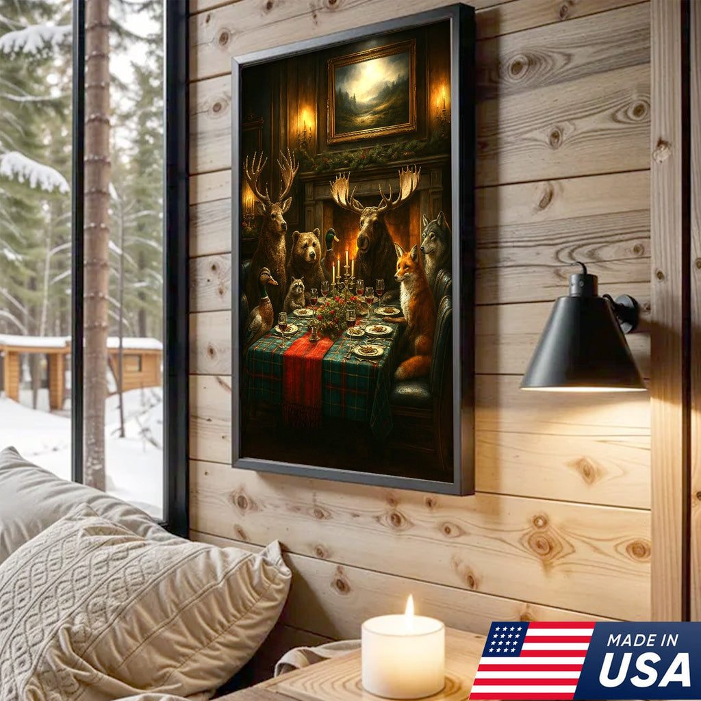Rustic Wildlife Dinner Scene Wall Art Canvas – Forest Animal Gathering Decor