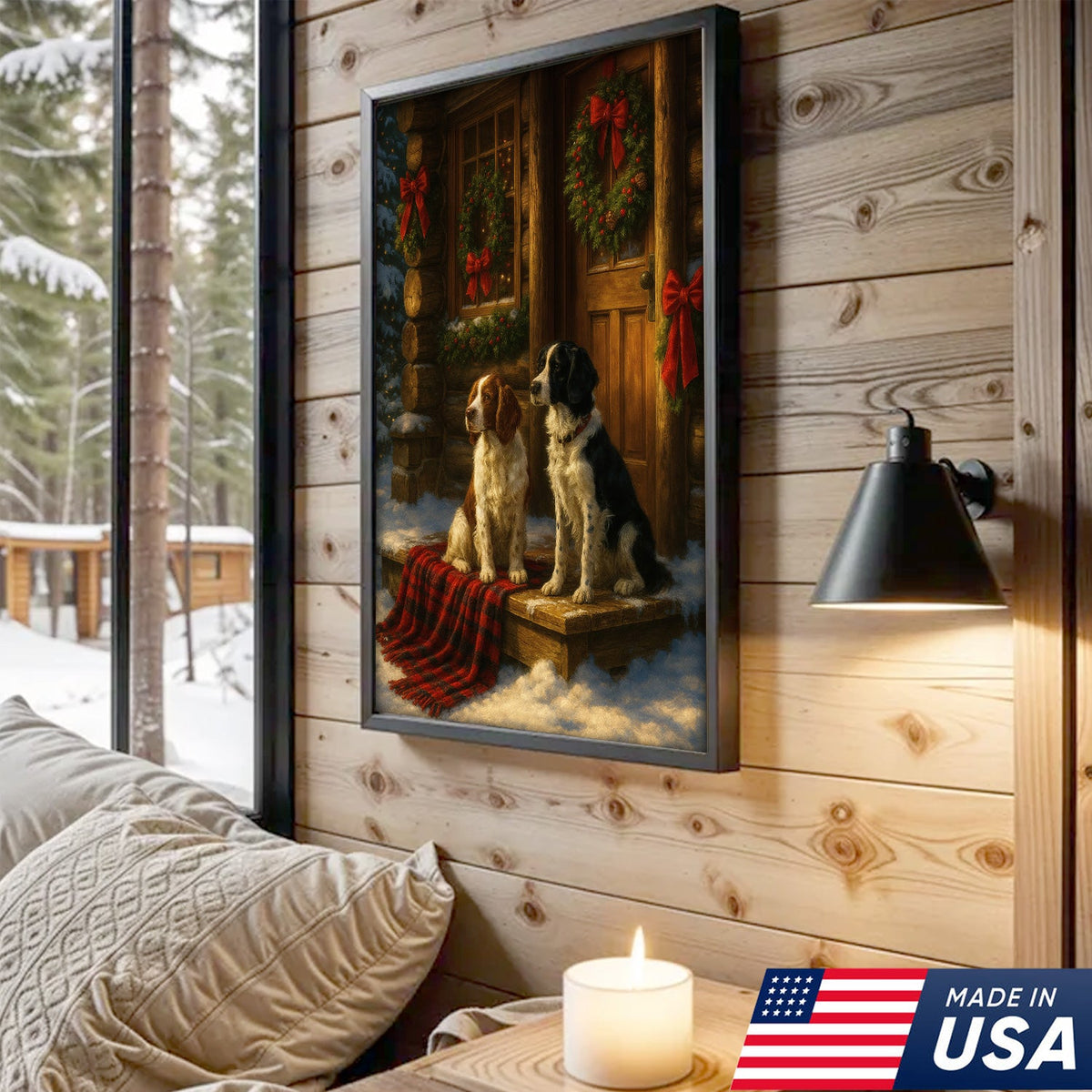 Christmas Dogs Canvas Wall Art, Winter Cabin Decor, Holiday Dog Print