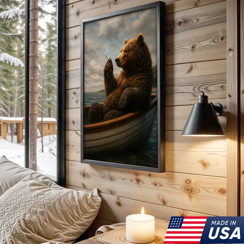The Chill Bear on the Boat Wall Art Canvas – Funny Relaxed Wall Art for Men