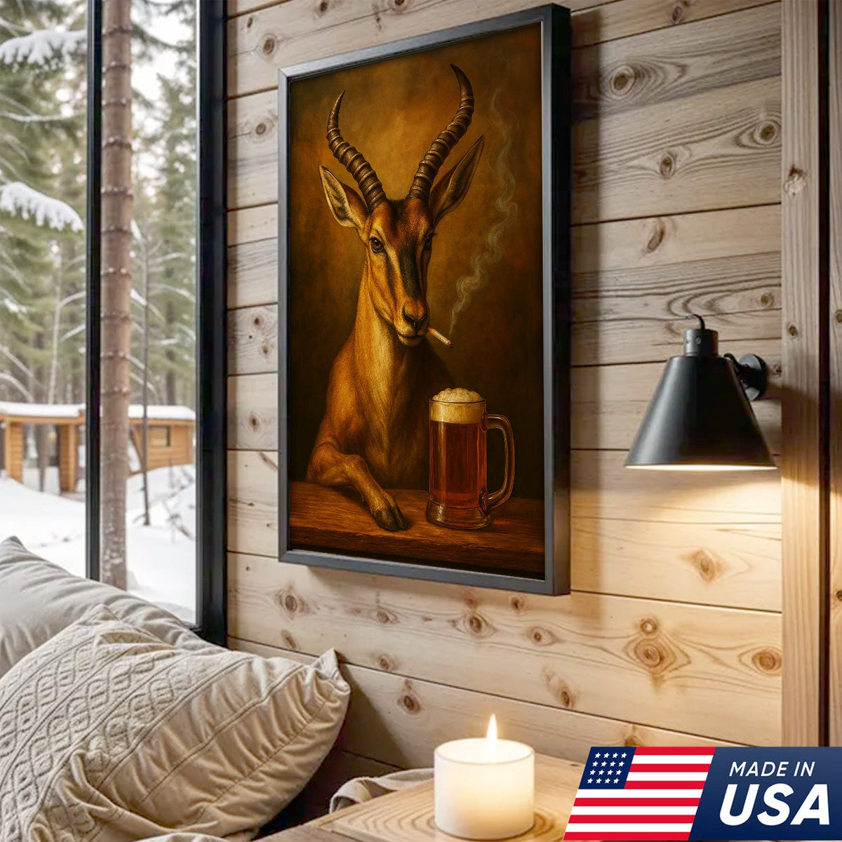 Funny Antelope Smoking & Beer Canvas Wall Art - Hunting Perfect Gift for Hunters