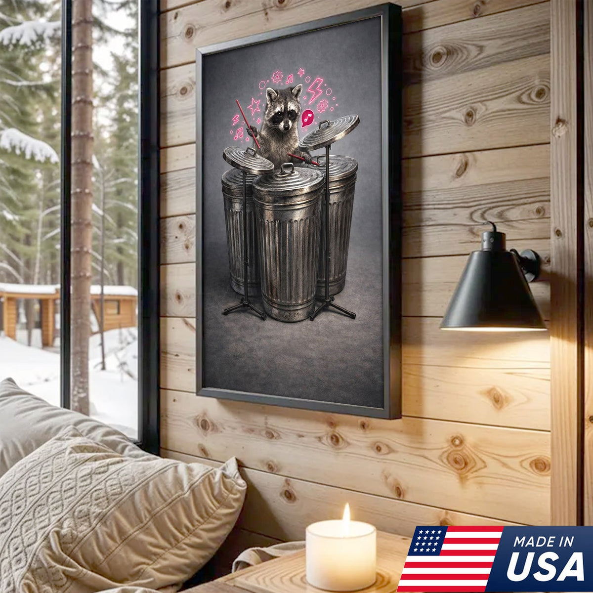 Funny Drummer Raccoon Wall Art Canvas Print, Music Lover Animal Illustration