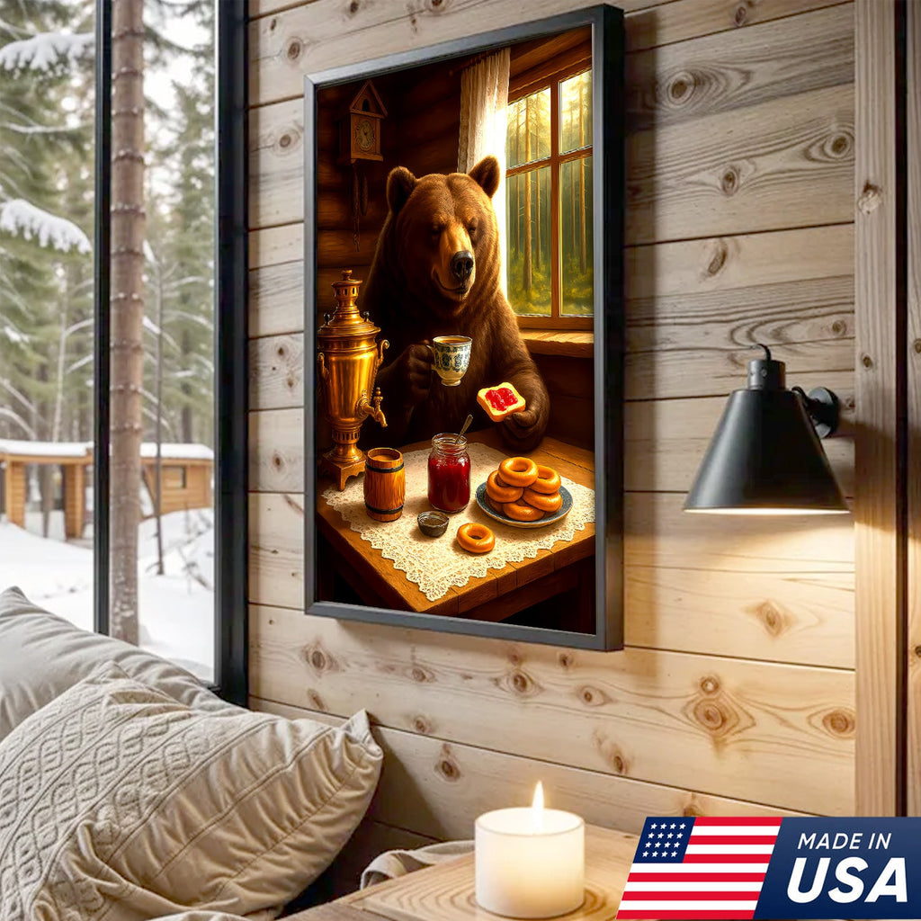 Relaxed Bear Having Tea Canvas Wall Art – Rustic Decor Funny Cozy Animal Canvas Art