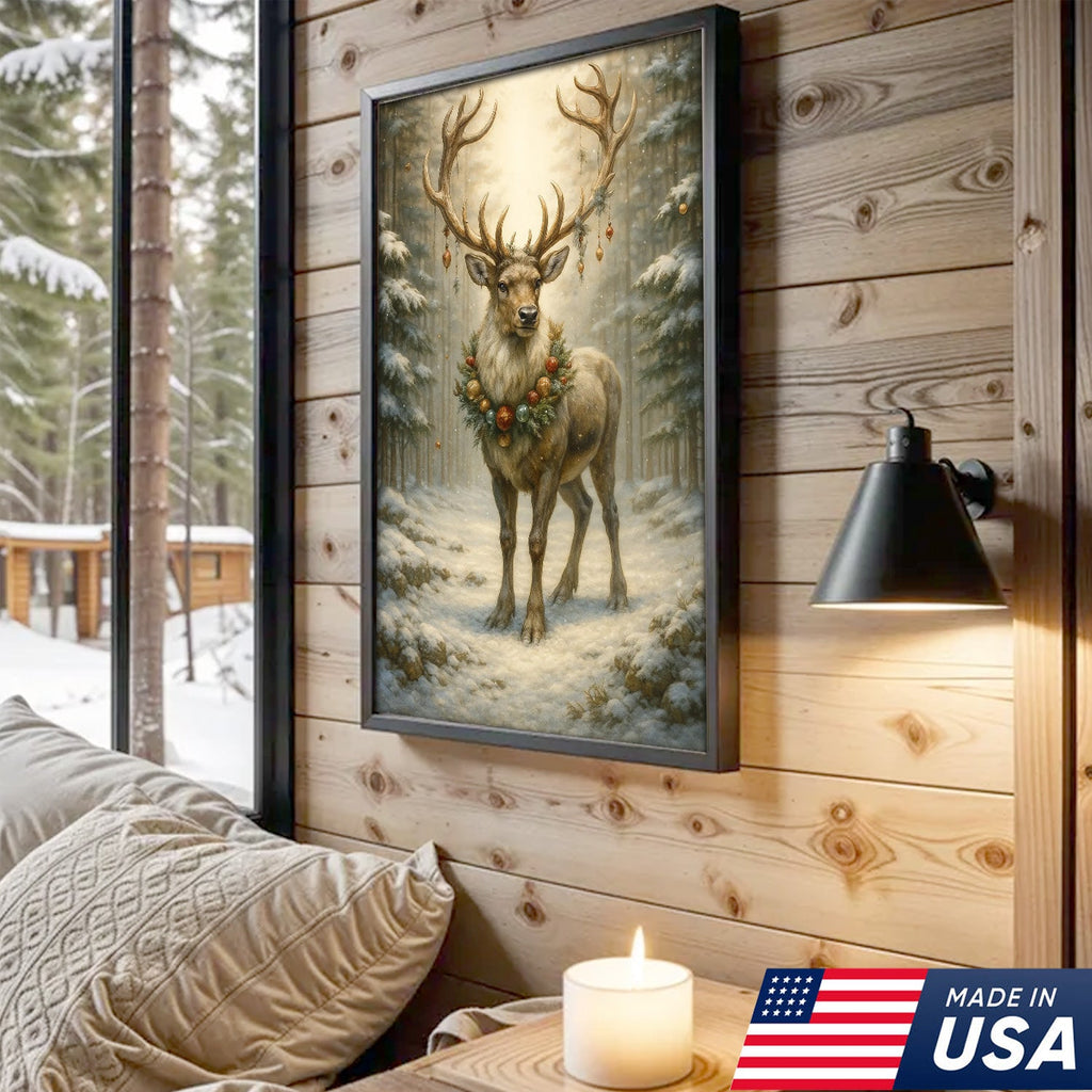 Christmas Reindeer Canvas Wall Art, Majestic Deer with Ornament Wreath in Snowy Forest