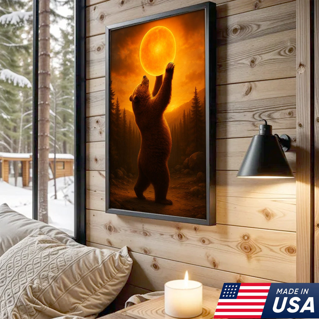 Bear Holding the Sun Canvas Art – Sunset Wilderness Wall Decor for Cabin & Home