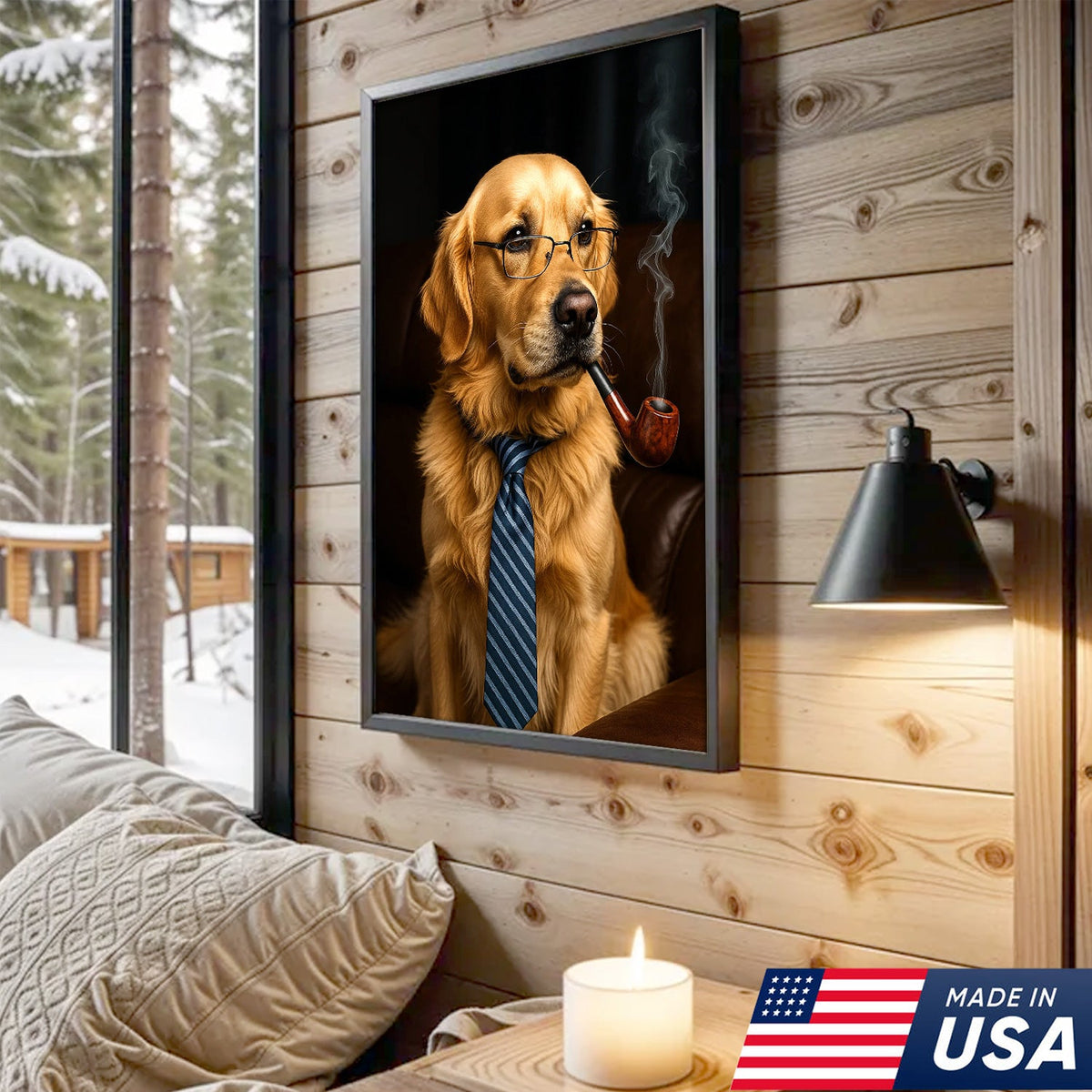 Gentleman Dog Canvas Art – Golden Retriever in Glasses & Tie with Pipe