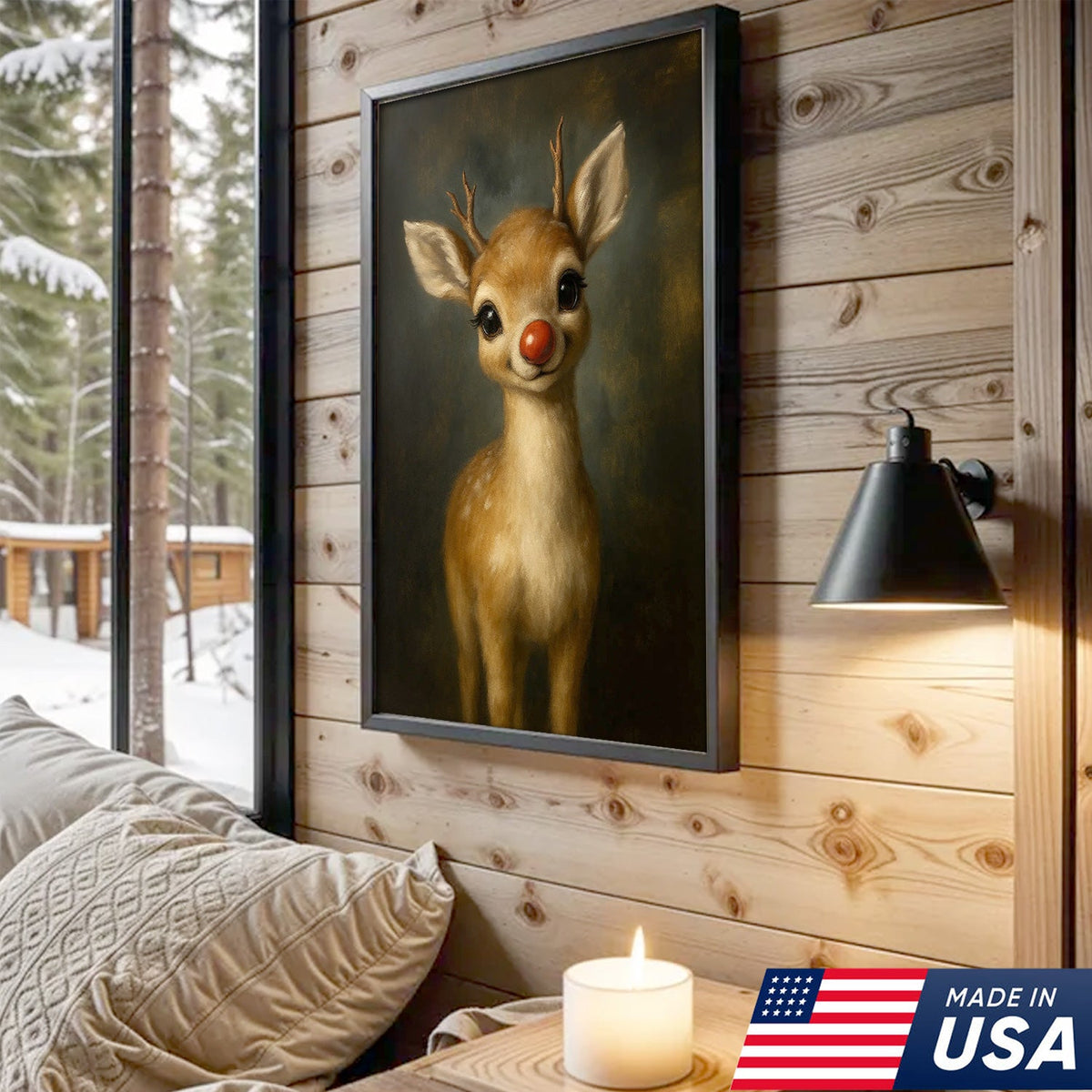 Cute Red Nose Baby Reindeer Canvas Wall Art, Christmas Deer Nursery Decor