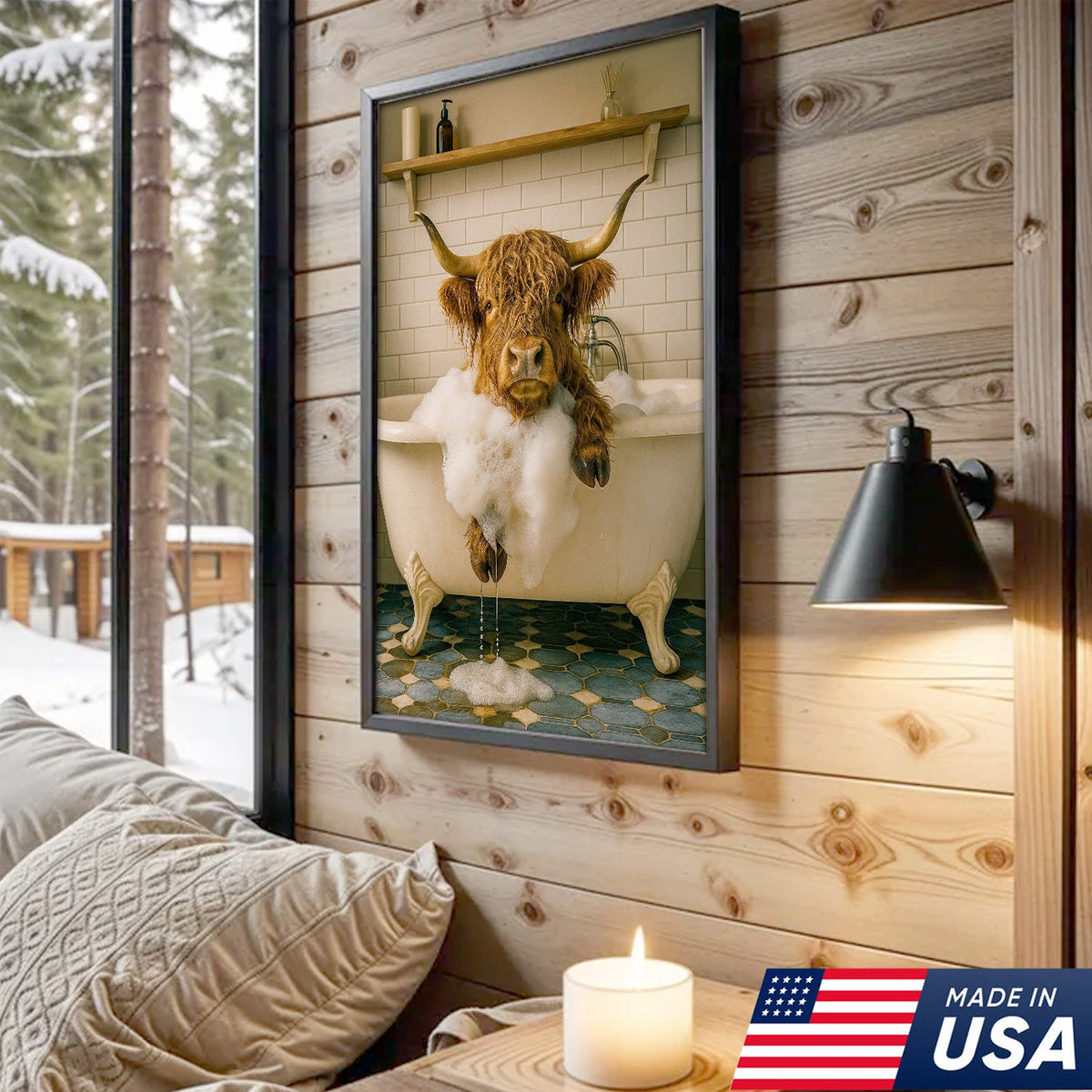 Highland Cow Bubble Bath Canvas Wall Art, Funny Farmhouse Bathroom Decor