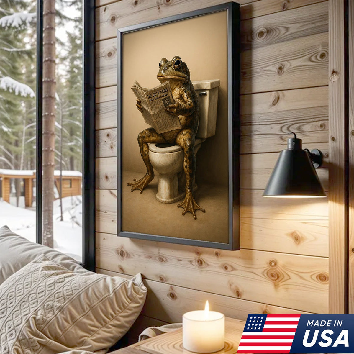 Funny Frog Bathroom Canvas Wall Art, Frog Reading Newspaper on Toilet