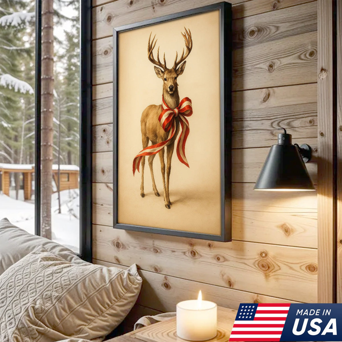 Farmhouse Christmas Deer Canvas Wall Art, Neutral Stag with Red Gift Bow Print