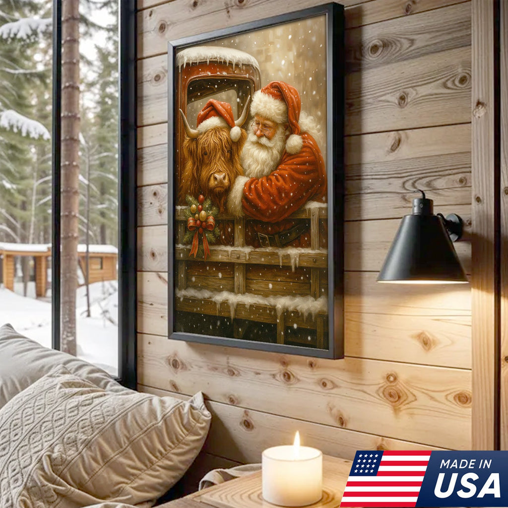 Santa and Highland Cow Christmas Canvas Wall Art, Rustic Farmhouse Holiday Truck Print