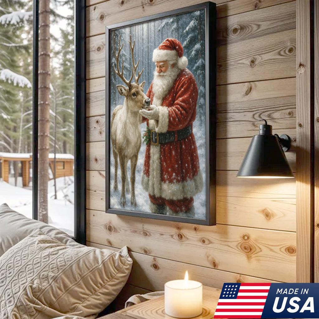 Santa and Reindeer Christmas Canvas Wall Art, Rustic Snowy Forest Holiday Print