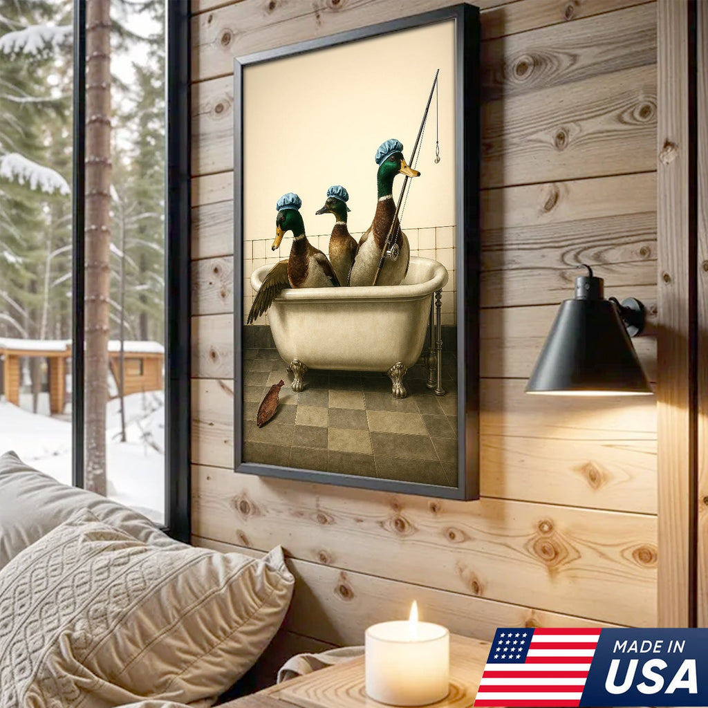 Fishing Ducks Canvas Art – Funny Trio of Ducks in Bathtub with Rod