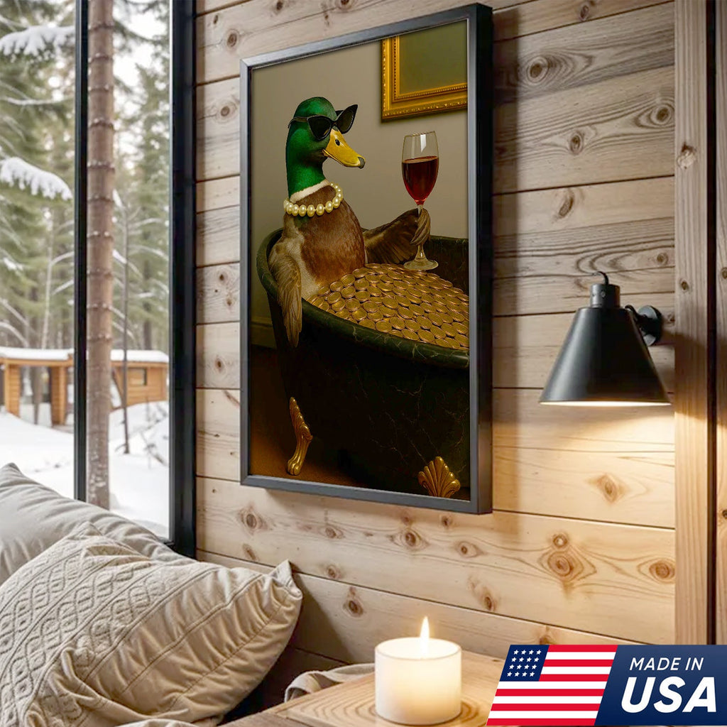 Luxury Duck Canvas Art – Funny Rich Duck in Gold Bathtub, Glam Animal Portrait Wall Decor