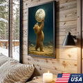 Bear Holding Full Moon Canvas Wall Art, Surreal Night Sky Decor, Rustic Cabin Nature Print