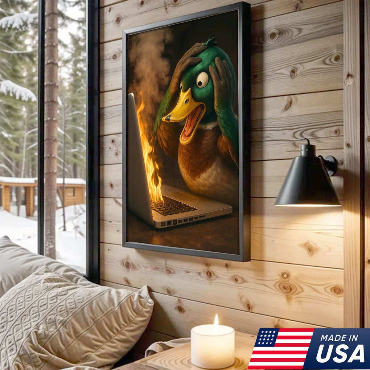 Funny Duck Screaming at Burning Laptop Canvas Wall Art, Hilarious Tech Fail Gift