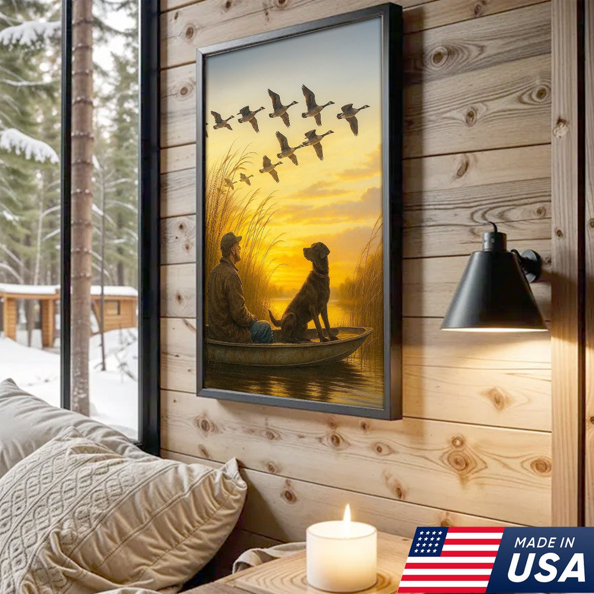 Waterfowl Hunting Wall Art – Duck Flock at Dawn, Hunter & Retriever In Boat, Rustic Decor