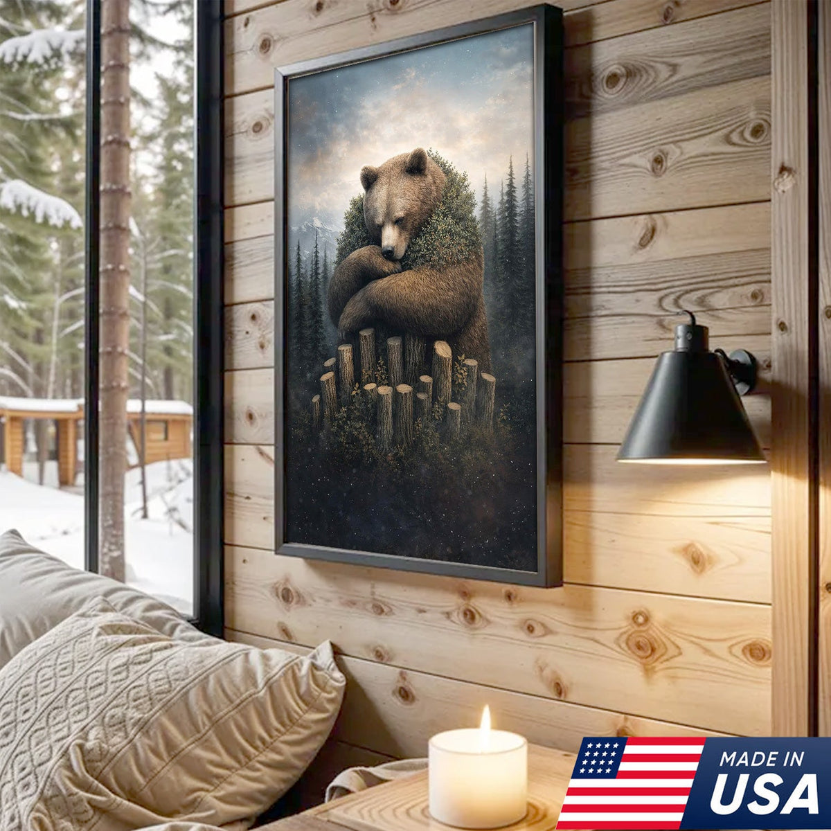 Gentle Bear Forest Canvas Wall Art, Whimsical Nature Bear Illustration