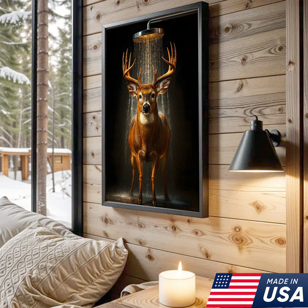 Funny Deer Shower Canvas Wall Art, Whimsical Buck Bathroom Decor