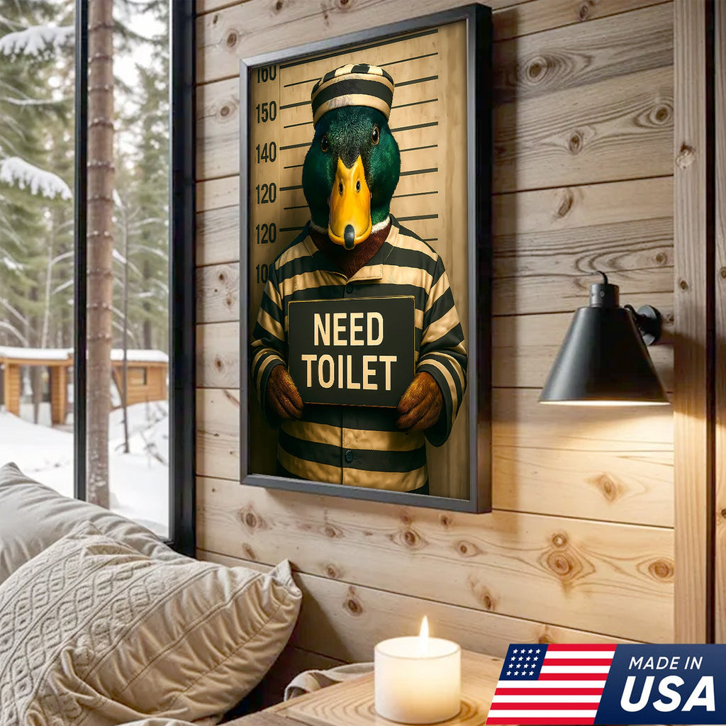 Funny Duck Mugshot Canvas – Bathroom Wall Art for Men, Toilet Humor Decor, Gag Gift Idea