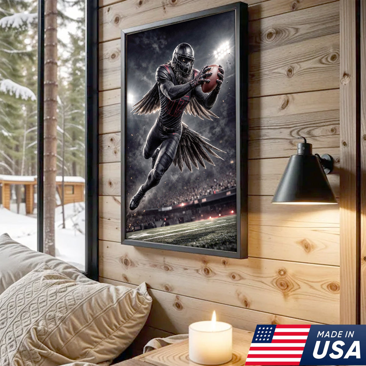 Dark Raven Football Canvas Wall Art – Black Winged Athlete Stadium Action Print