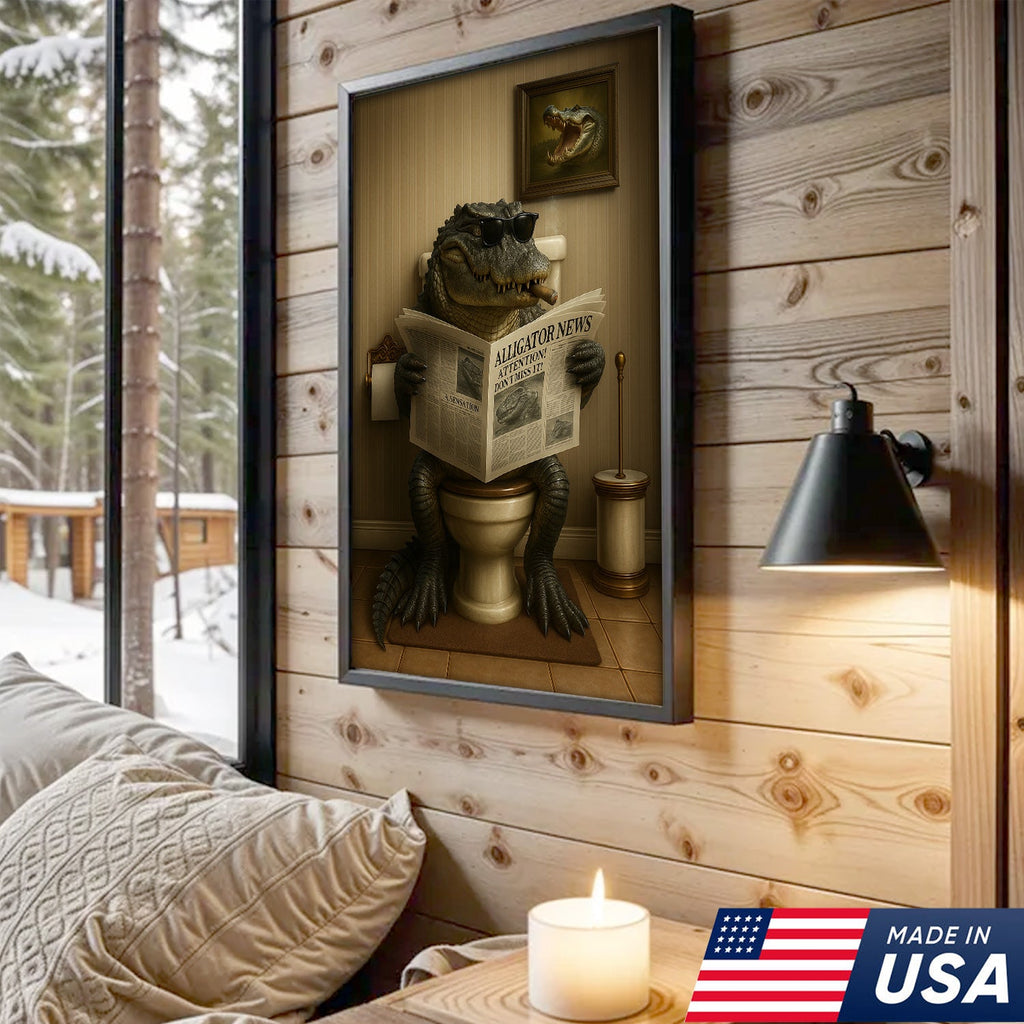 Funny Alligator Bathroom Smoking Canvas Wall Art – Unique Rustic Wildlife Lodge Decor & Gift Idea