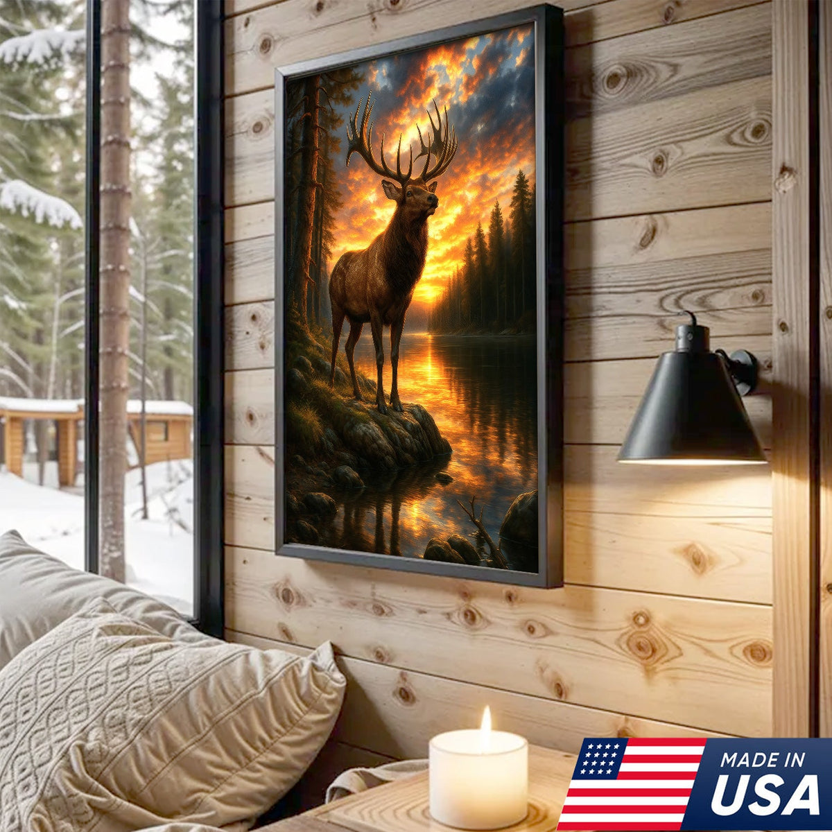 Majestic Elk at Sunset By The Lake Canvas– Wildlife Wall Art for Cabin, Lodge & Nature Lovers